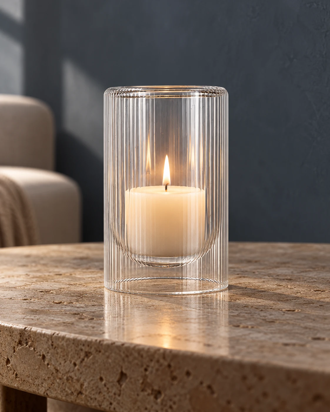 Ribbed glass votive in a styled setting