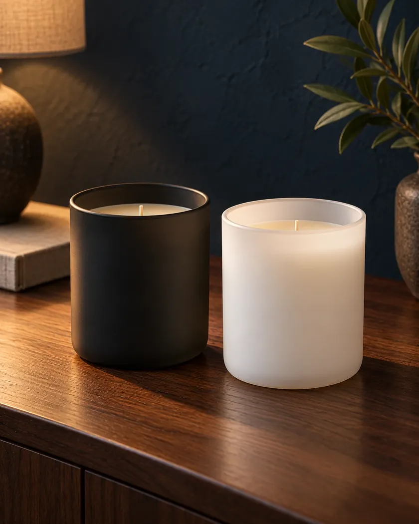 Black and white glass candle vessels shown with a candle filling in a styled setting