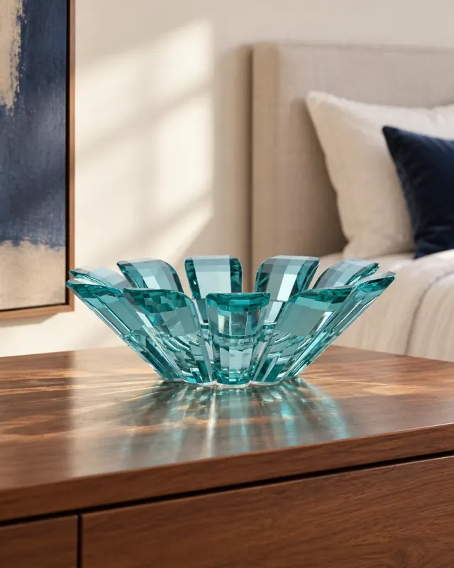 Aqua radial glass bowl in an application setting