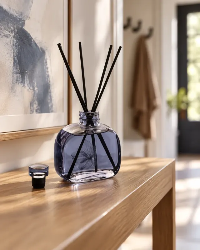 Round blue diffuser bottle in an application setting