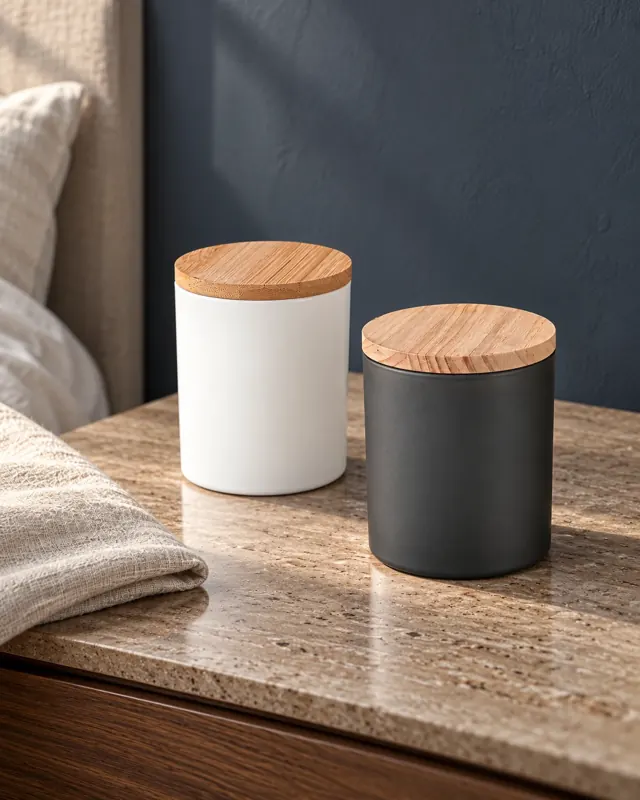 Wood-lid candle jars in an application setting