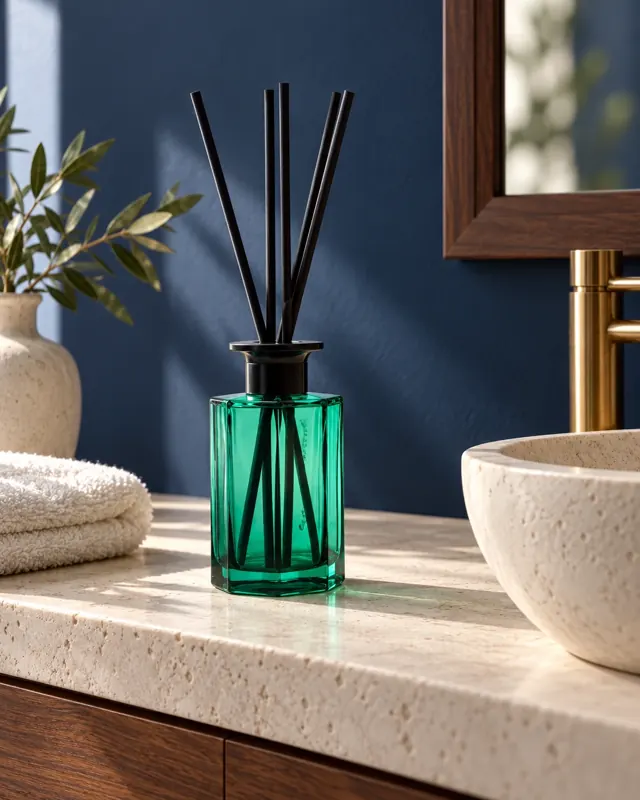 Emerald reed diffuser bottle in an application setting