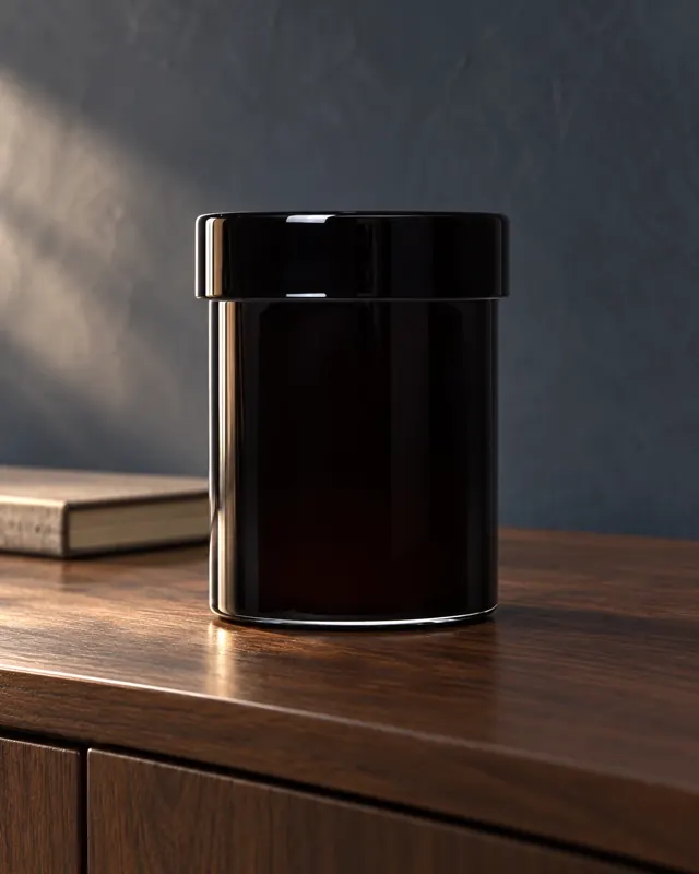 Black lidded vessel in an application setting