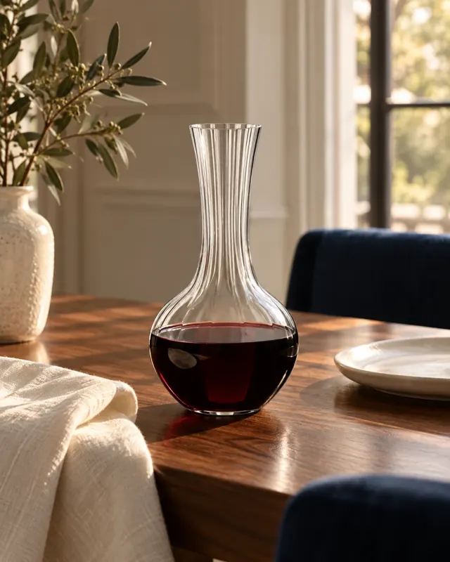 Ribbed-neck decanter in an application setting