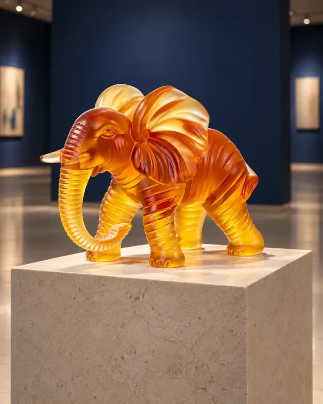 Amber glass elephant object in an application setting