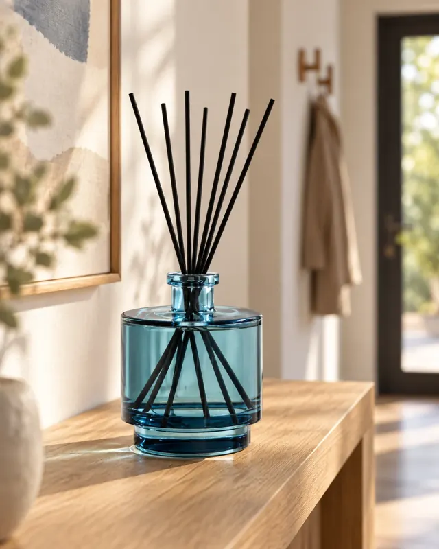 Stepped blue diffuser bottle in an application setting