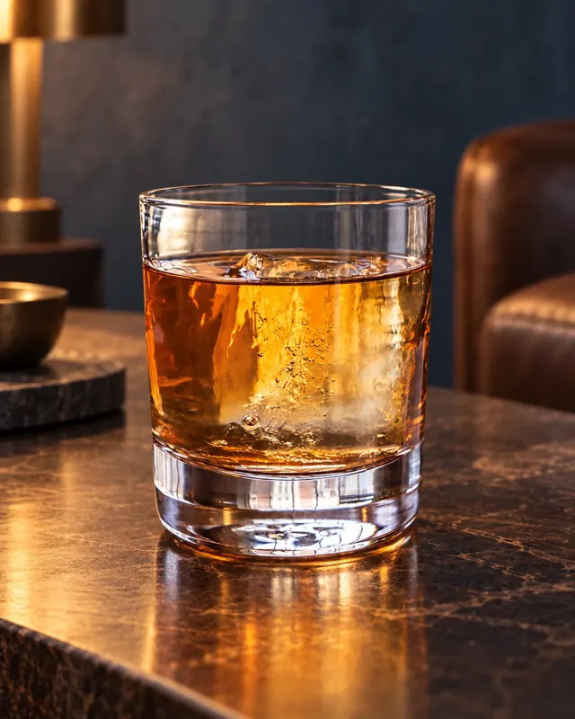Low whisky tumbler in an application setting
