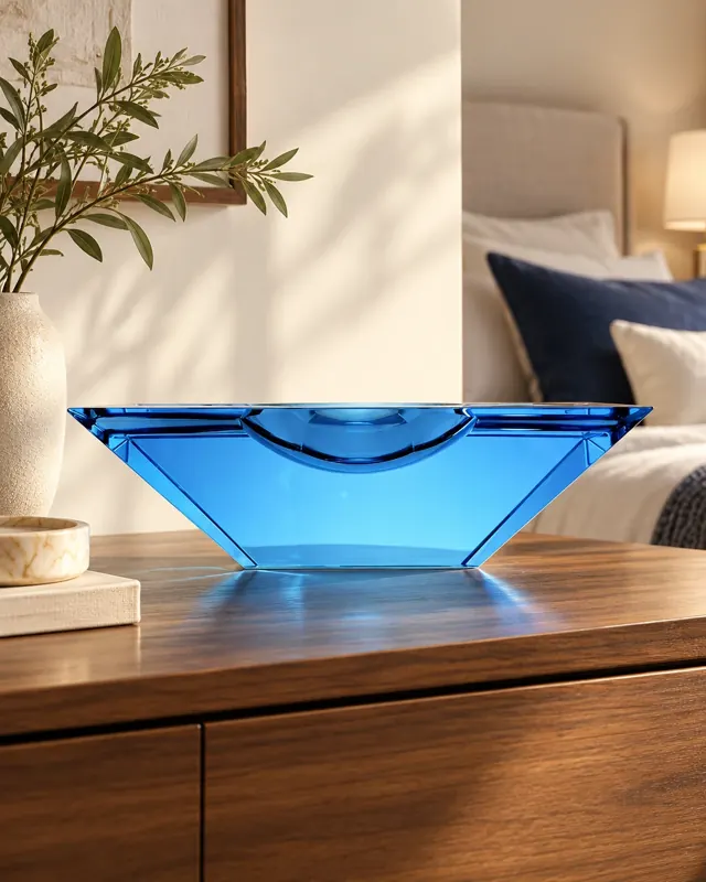 Blue angular glass bowl in an application setting