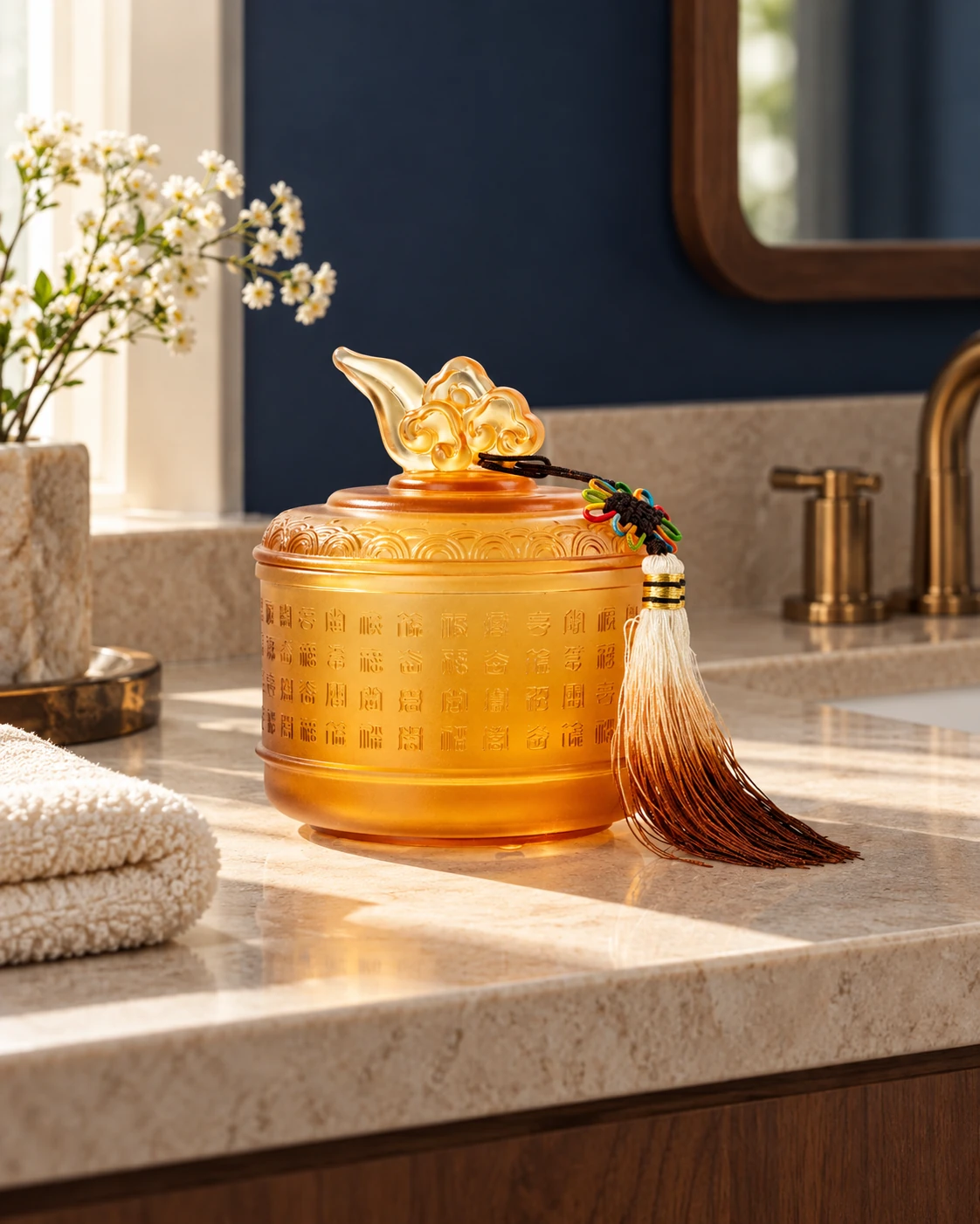 Amber lidded glass vessel in an application setting