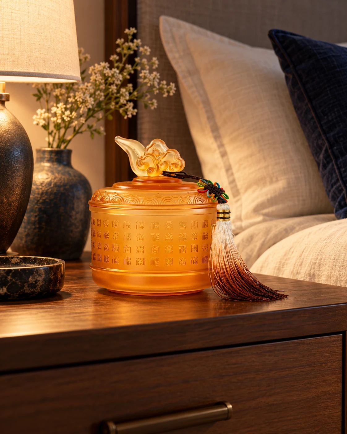 Amber lidded glass vessel in Bedroom