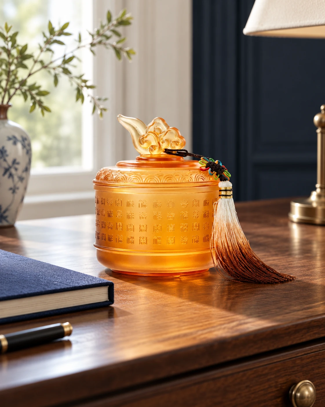 Amber lidded glass vessel in Writing desk