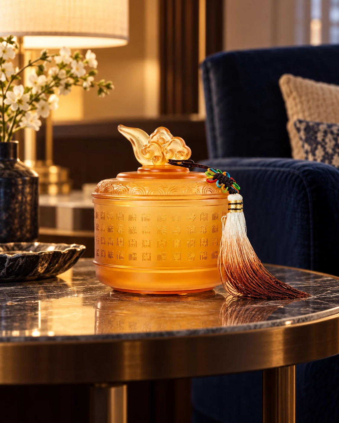 Amber lidded glass vessel in Hotel lounge