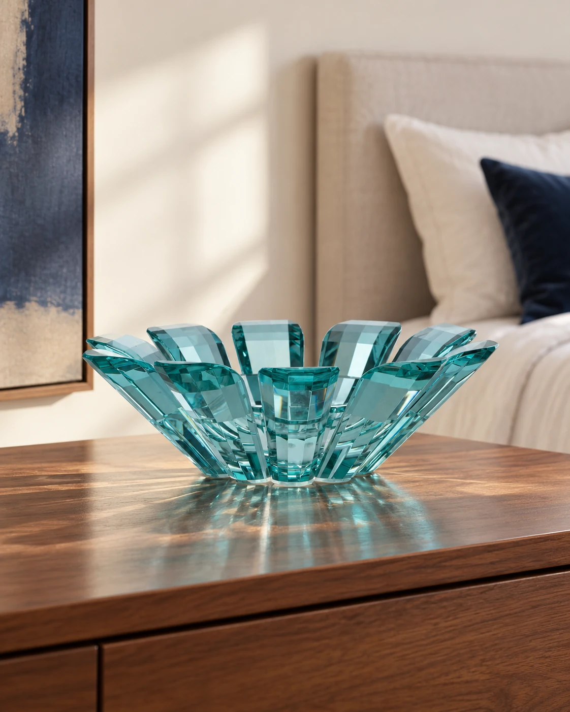 Aqua radial glass bowl in an application setting