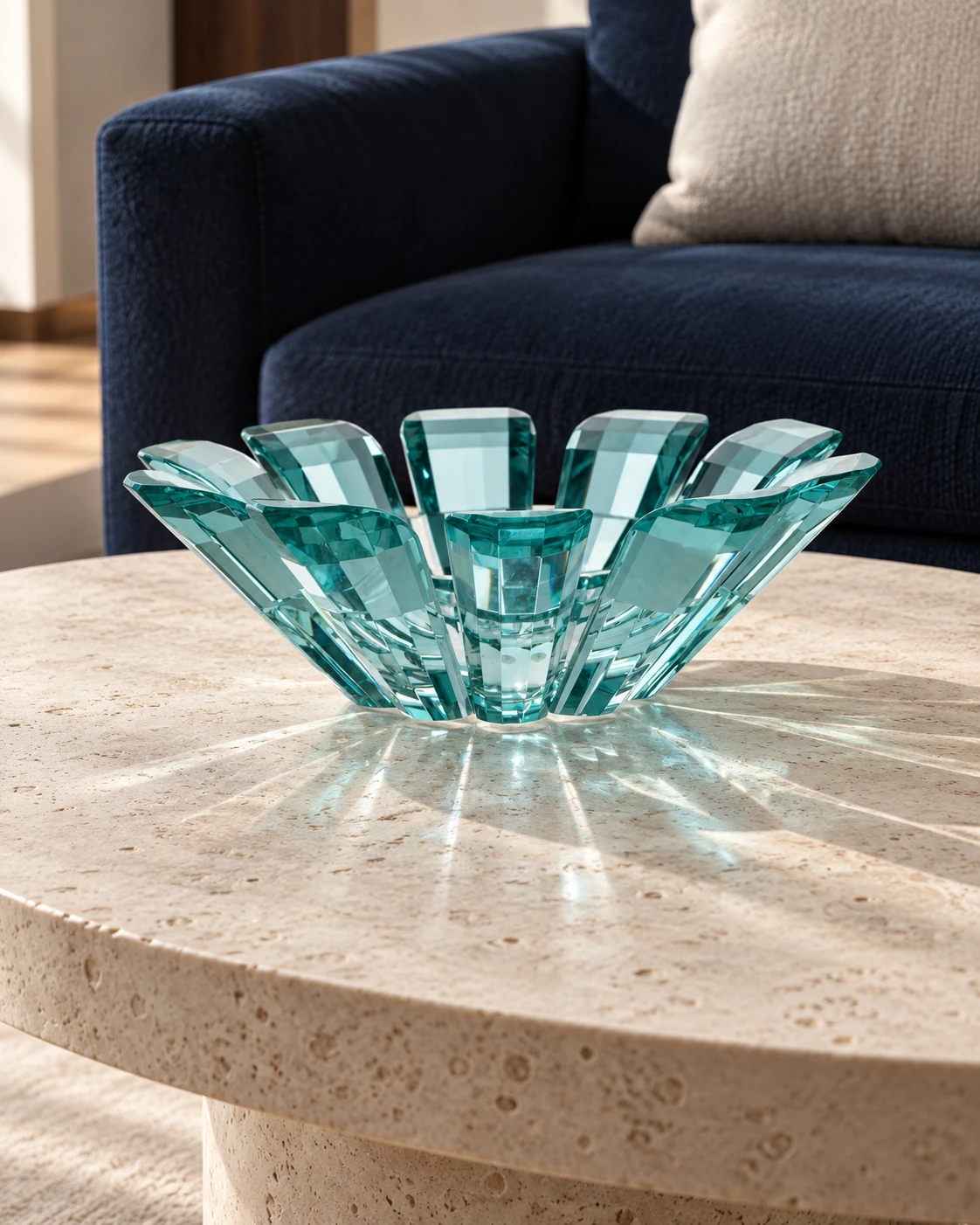 Aqua radial glass bowl in Living room