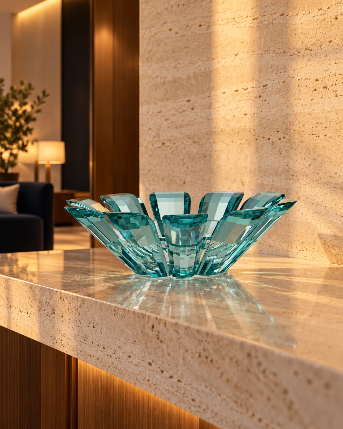 Aqua radial glass bowl in Hotel reception