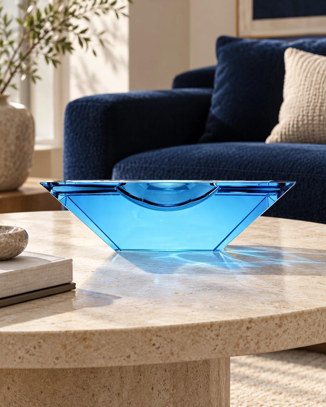 Blue angular glass bowl in Living room