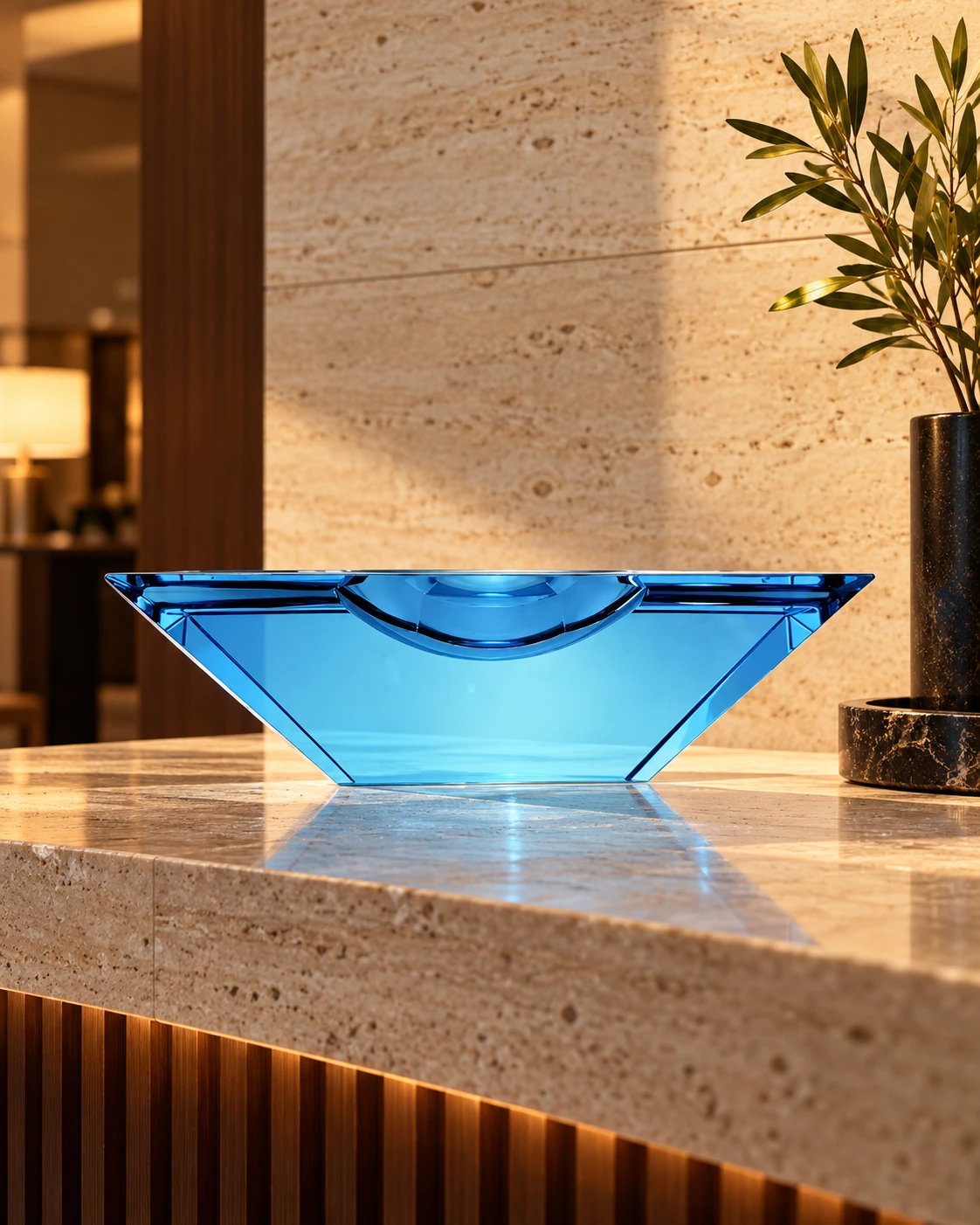 Blue angular glass bowl in Hotel reception