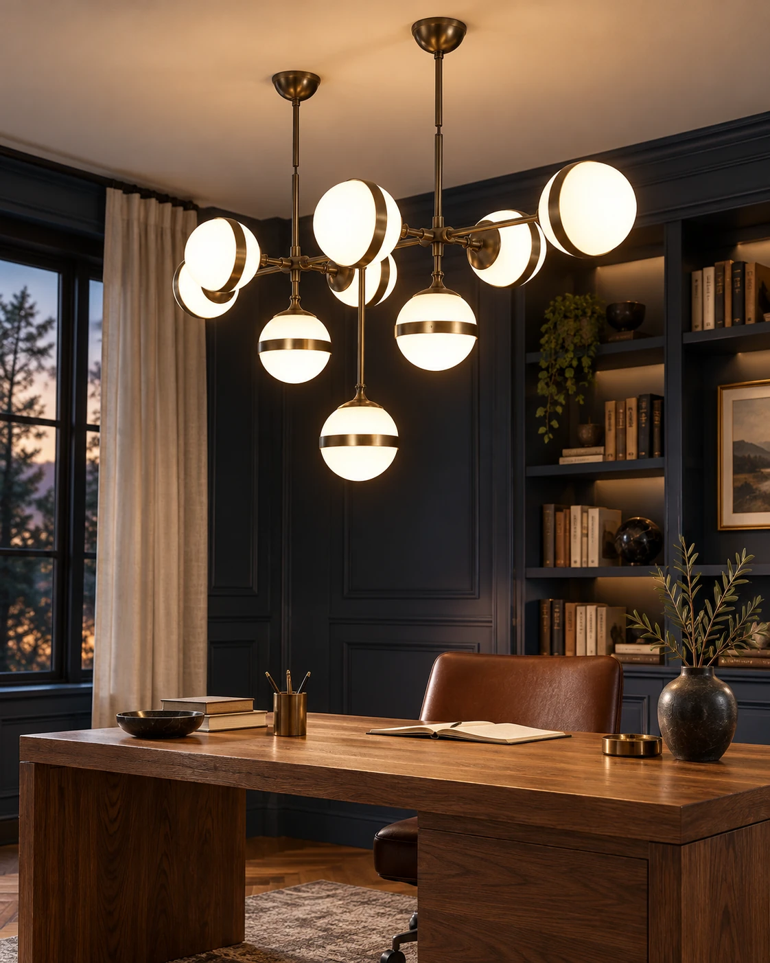 Branch globe lighting in Writing room