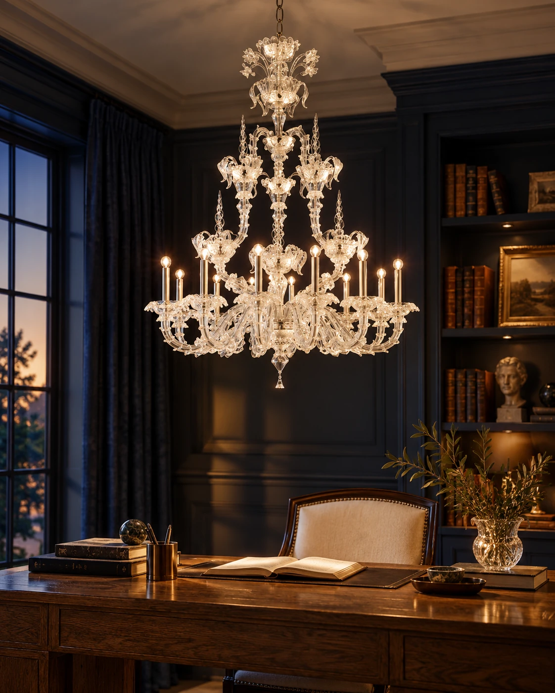 Clear glass chandelier in Writing room