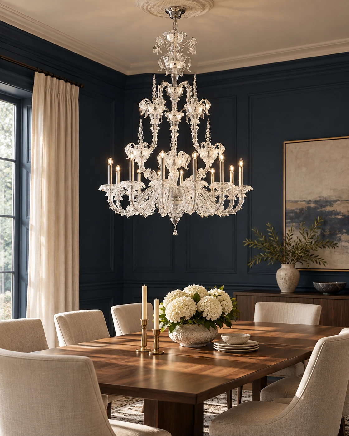 Clear glass chandelier in Dining room