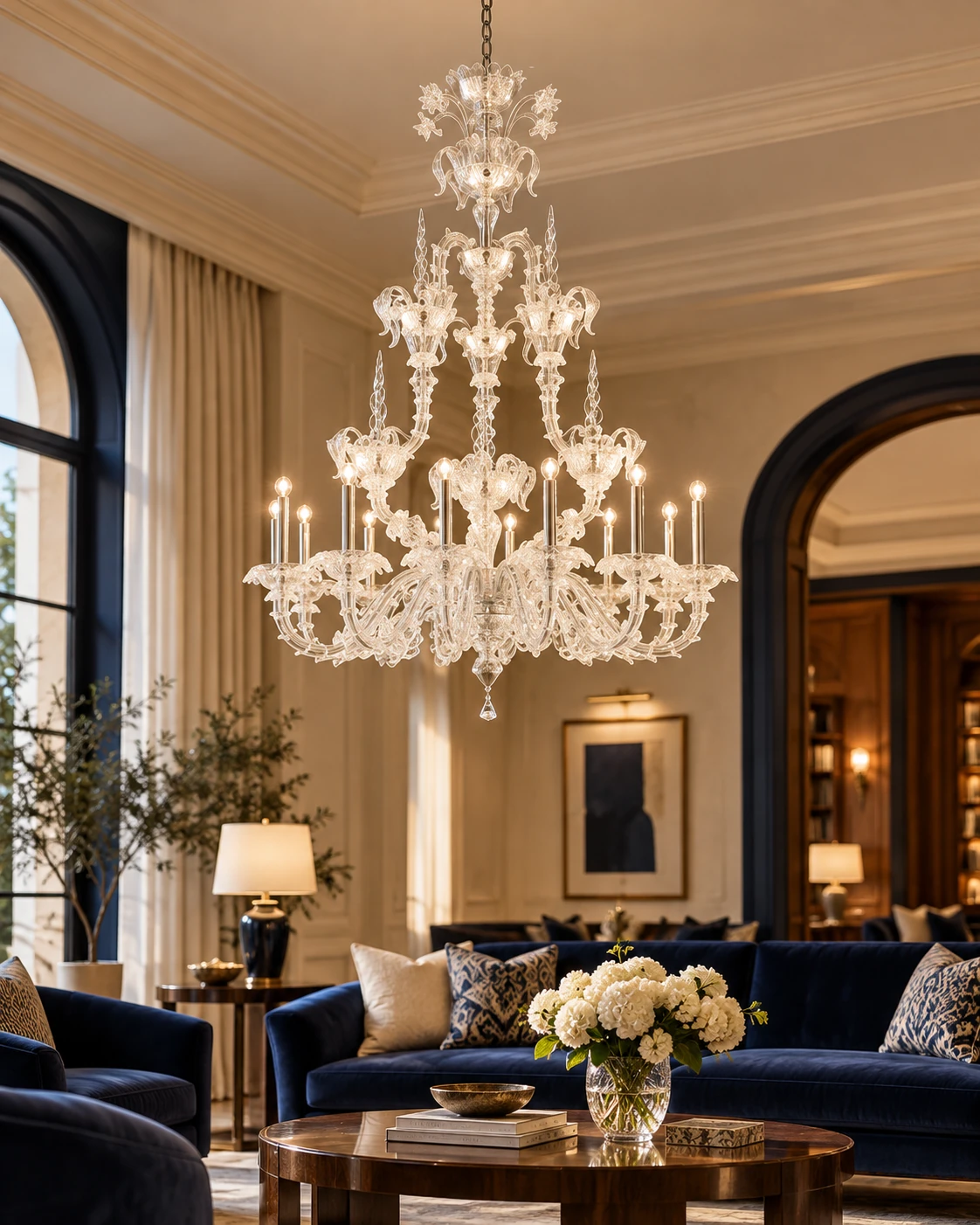 Clear glass chandelier in Hotel lounge