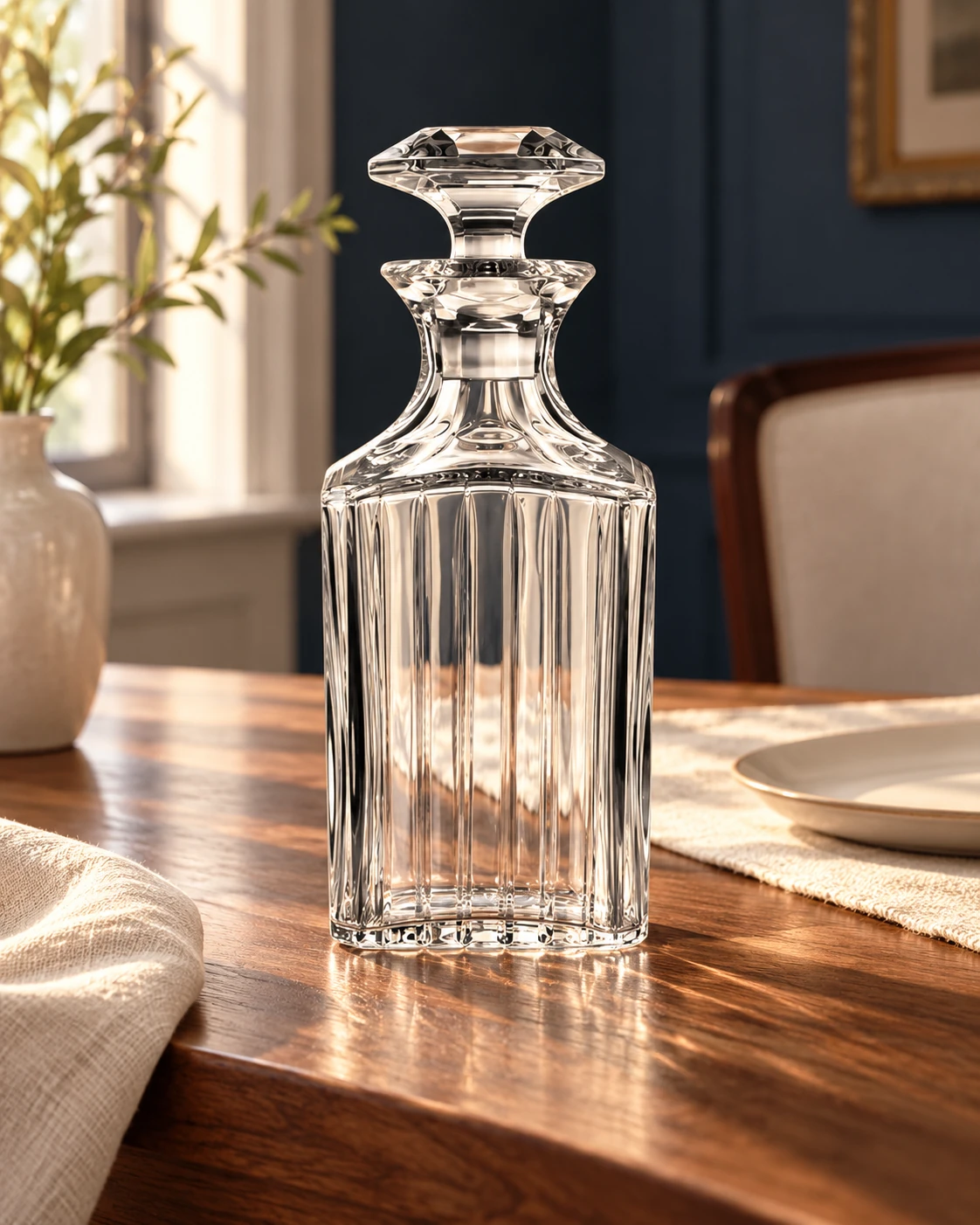 Cut-glass decanter in an application setting