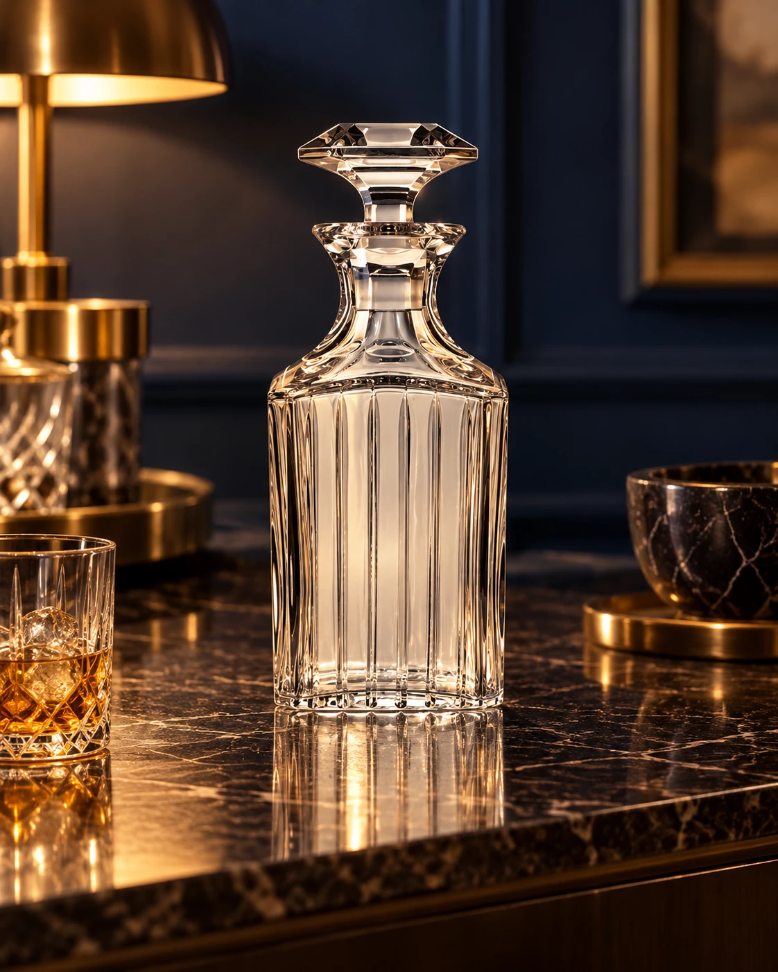 Cut-glass decanter in Bar counter