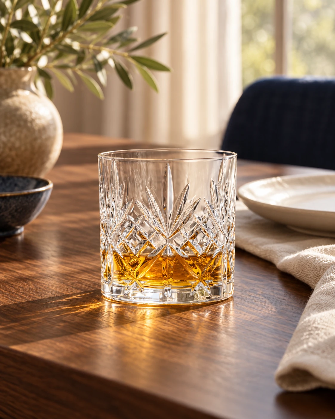 Cut whisky tumbler in an application setting