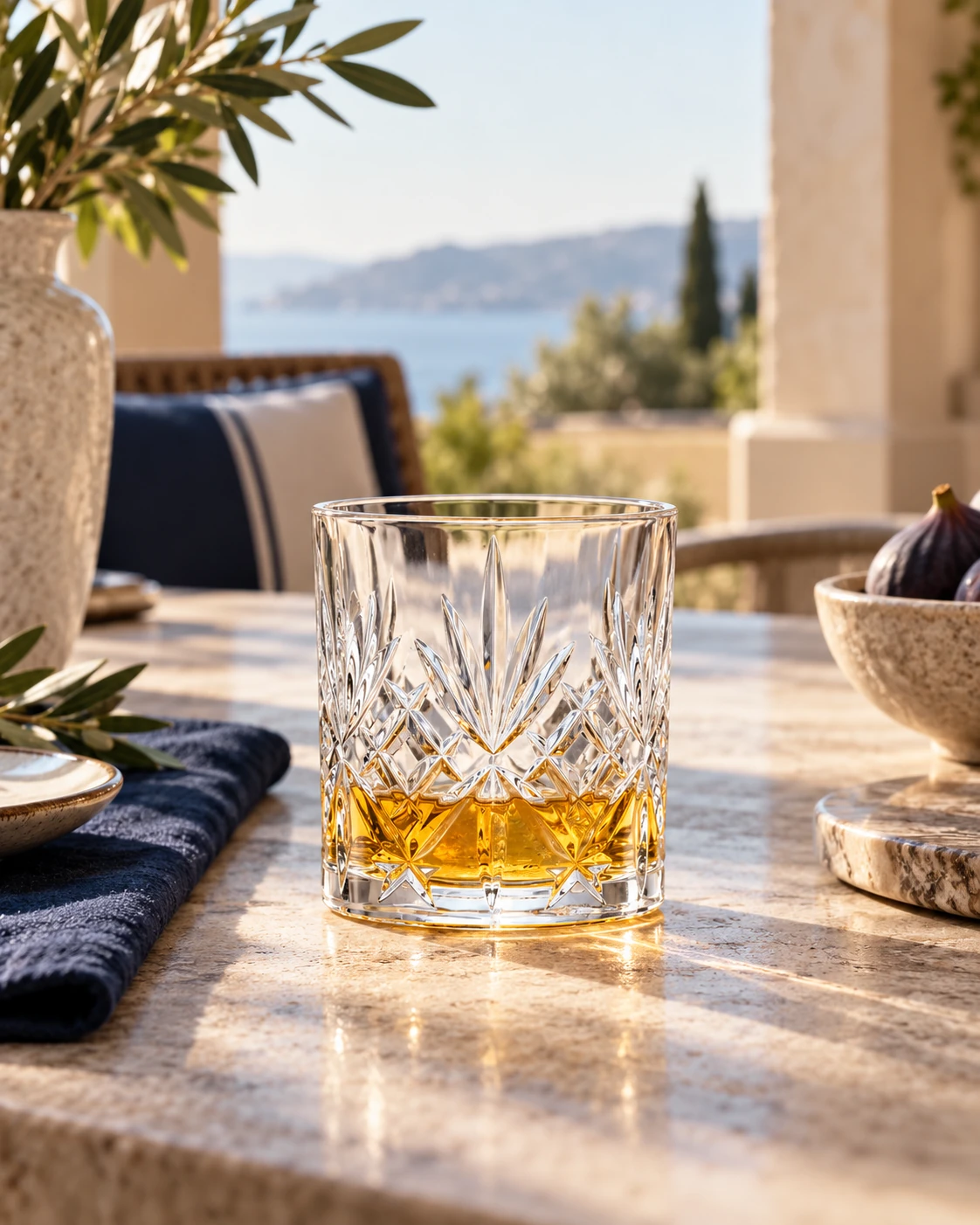 Cut whisky tumbler in Terrace table