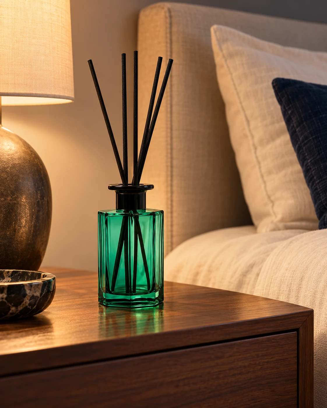 Emerald reed diffuser bottle in Bedroom