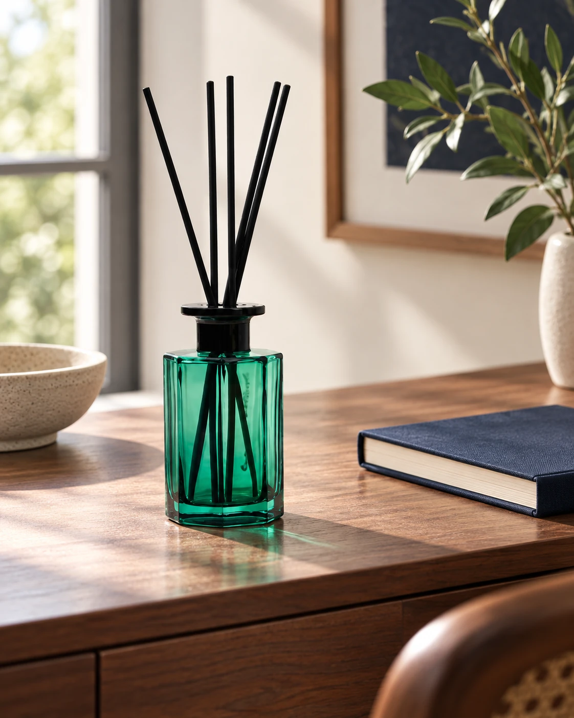 Emerald reed diffuser bottle in Writing desk