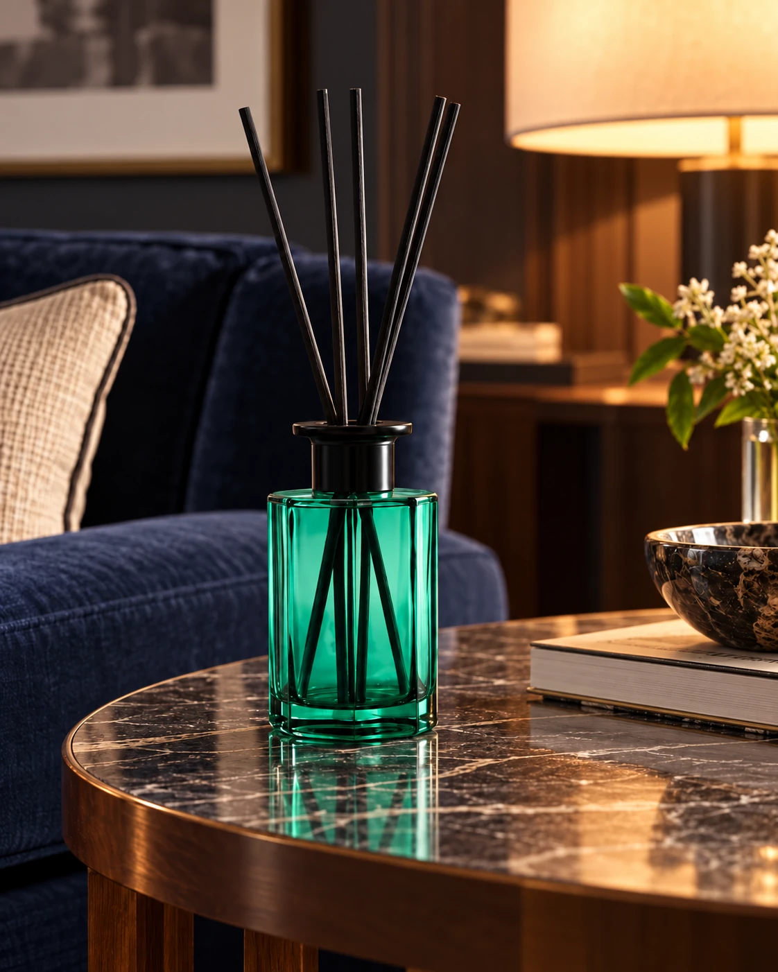 Emerald reed diffuser bottle in Hotel lounge
