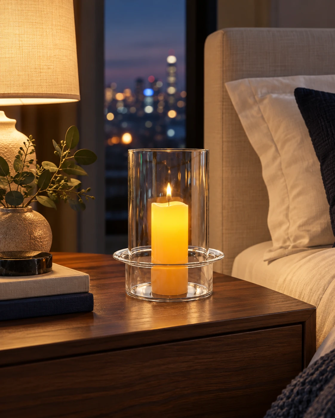 Flanged glass hurricane holder in Bedroom