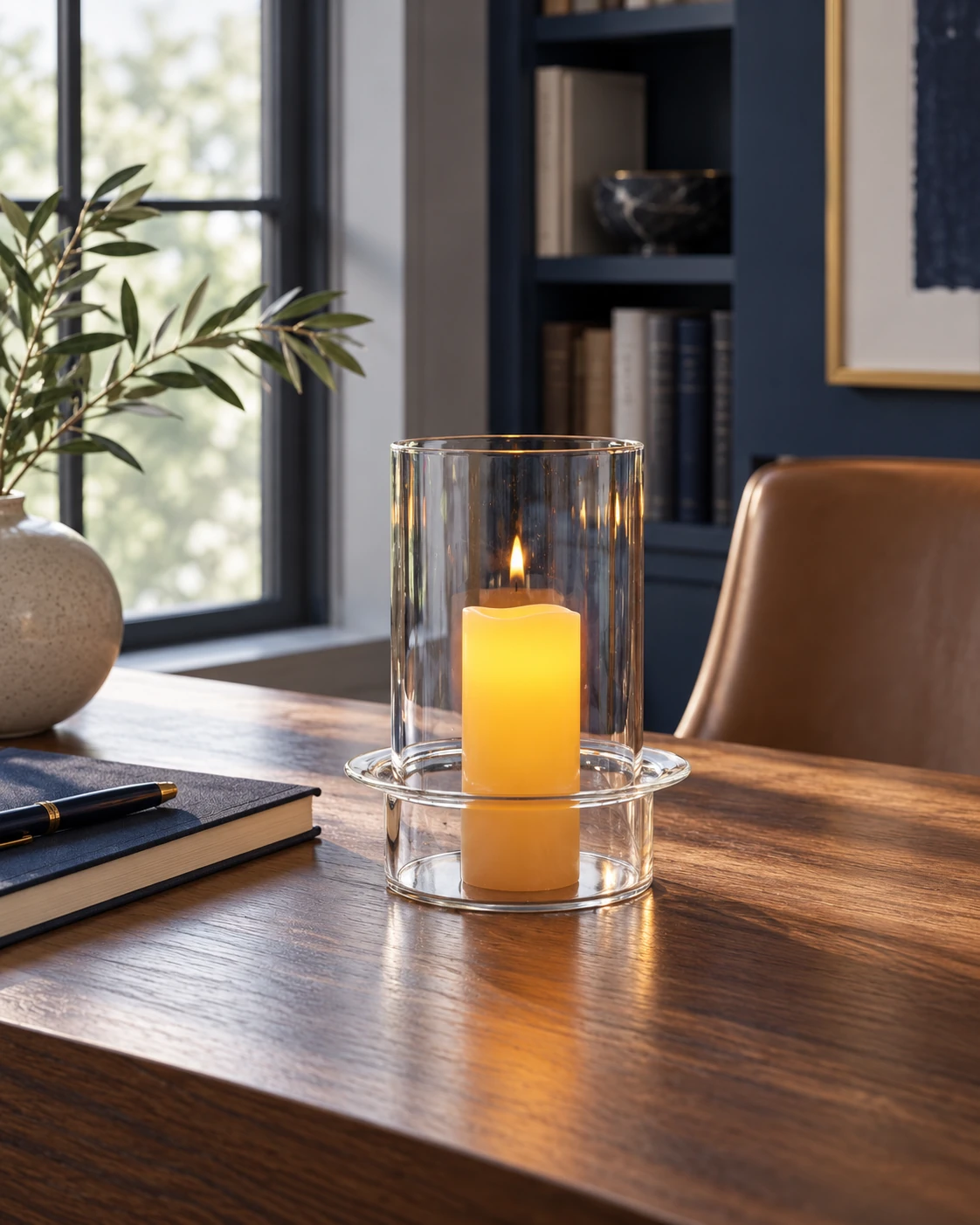Flanged glass hurricane holder in Writing desk