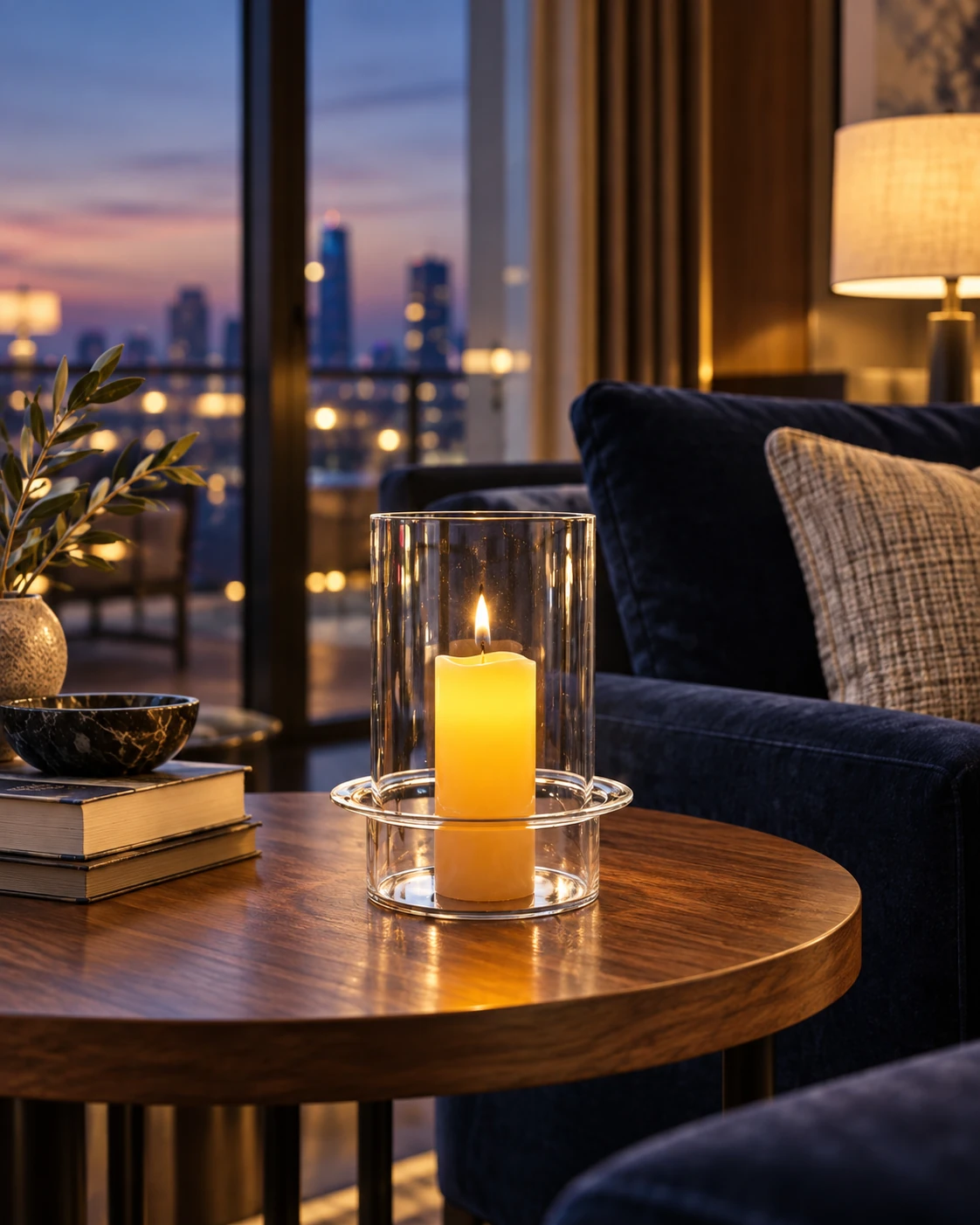 Flanged glass hurricane holder in Hotel lounge