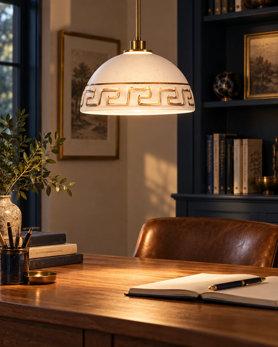 Glass bowl lamp shade in Writing room
