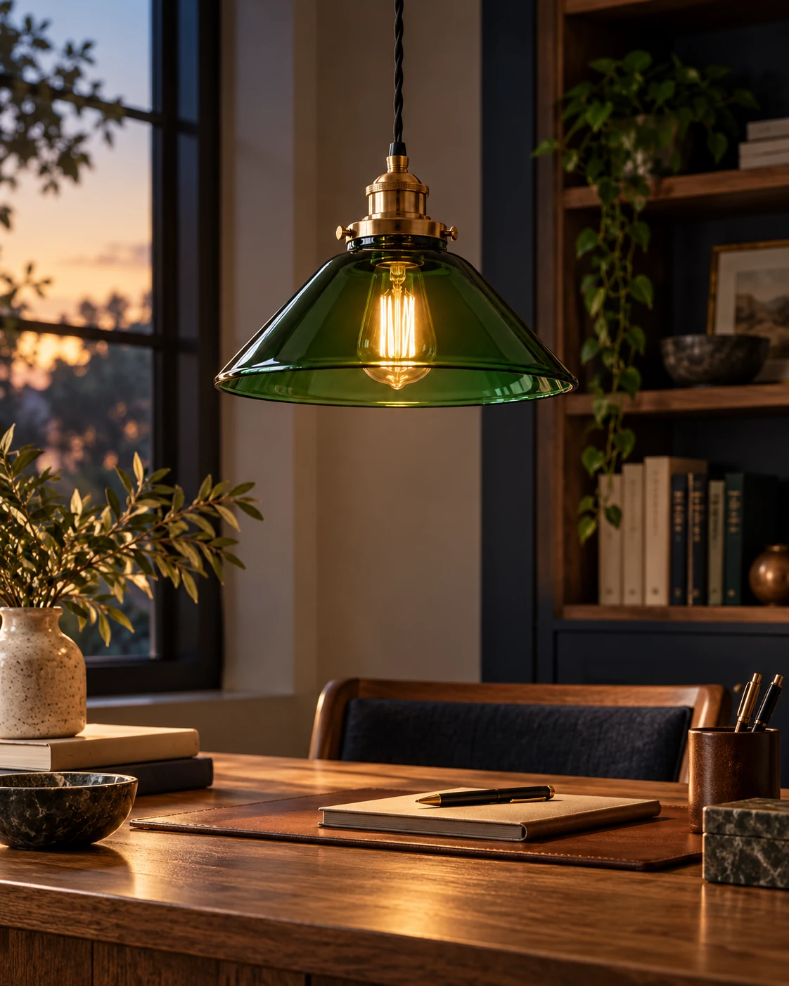 Green glass lamp shade in Writing room