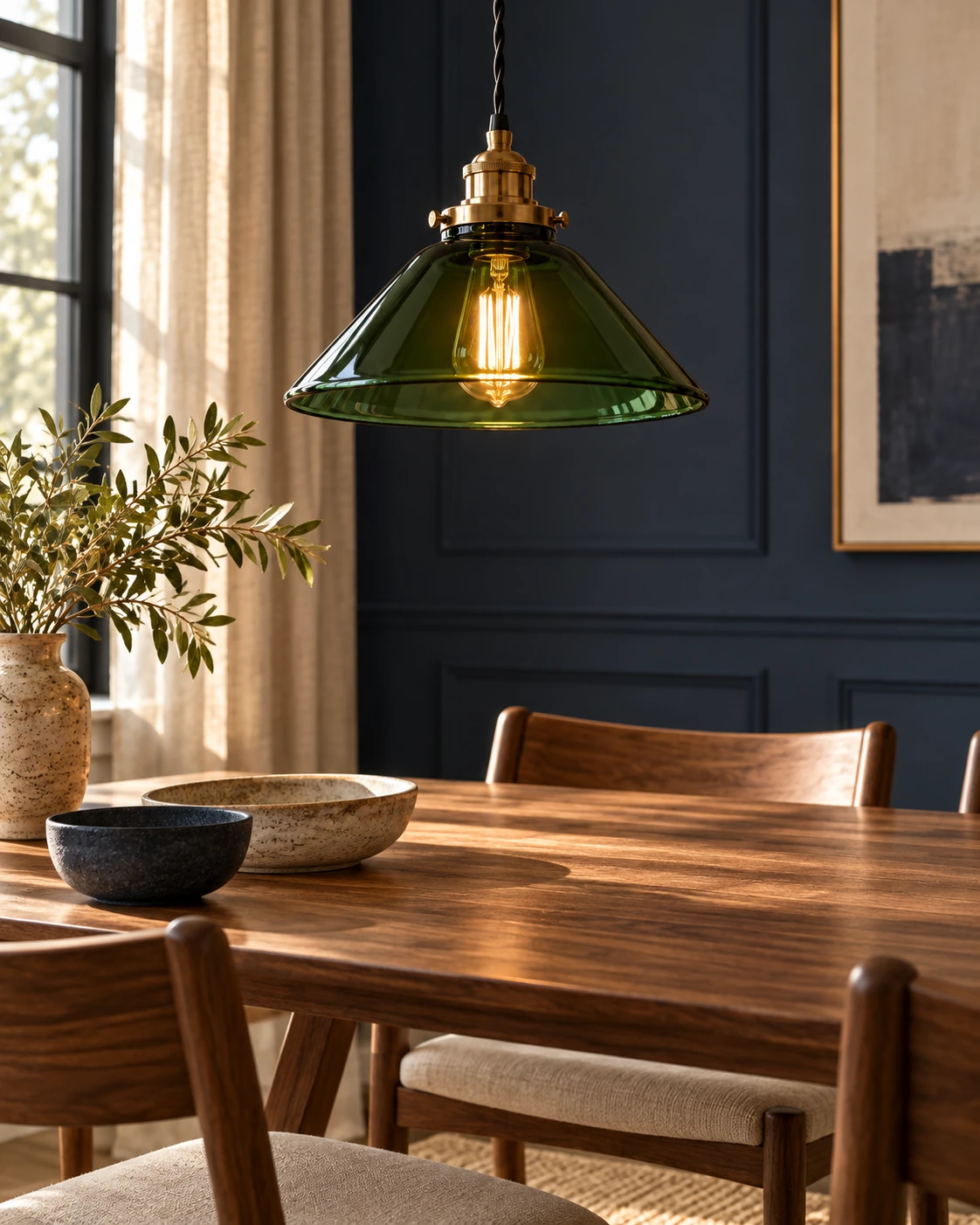 Green glass lamp shade in Dining room