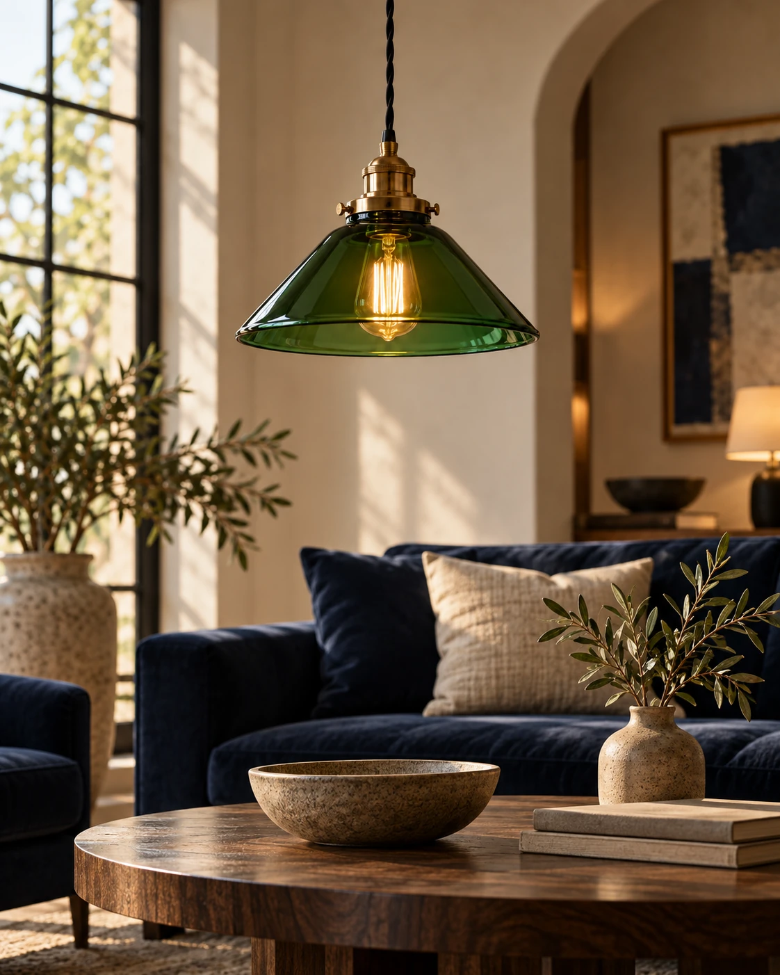 Green glass lamp shade in Hotel lounge