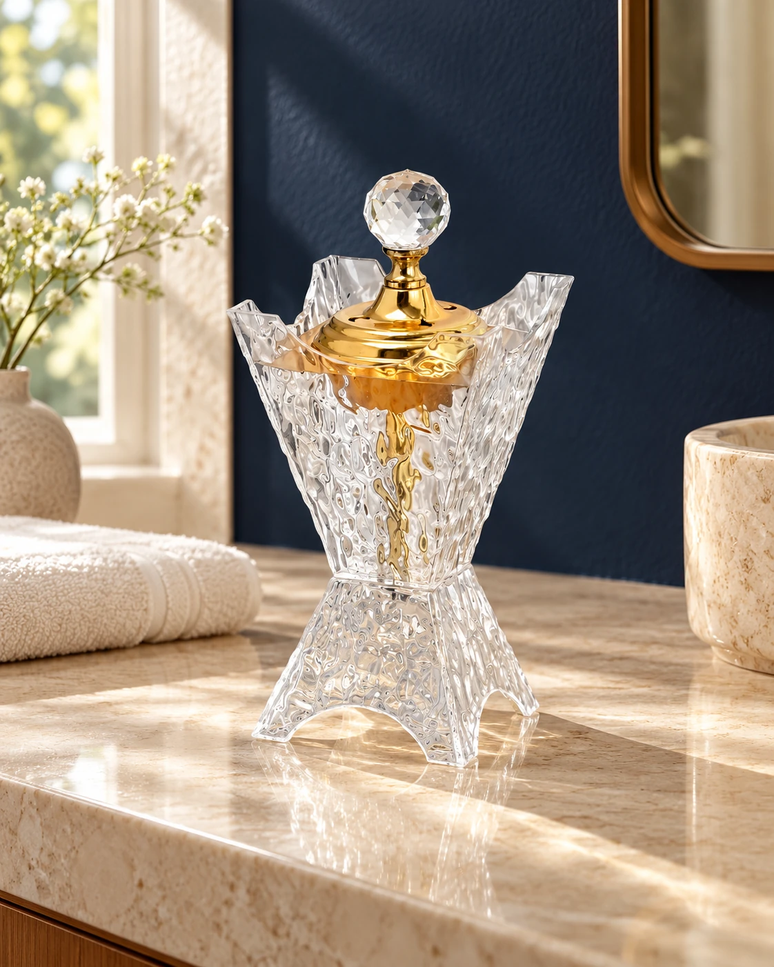Sculpted incense vessel in an application setting