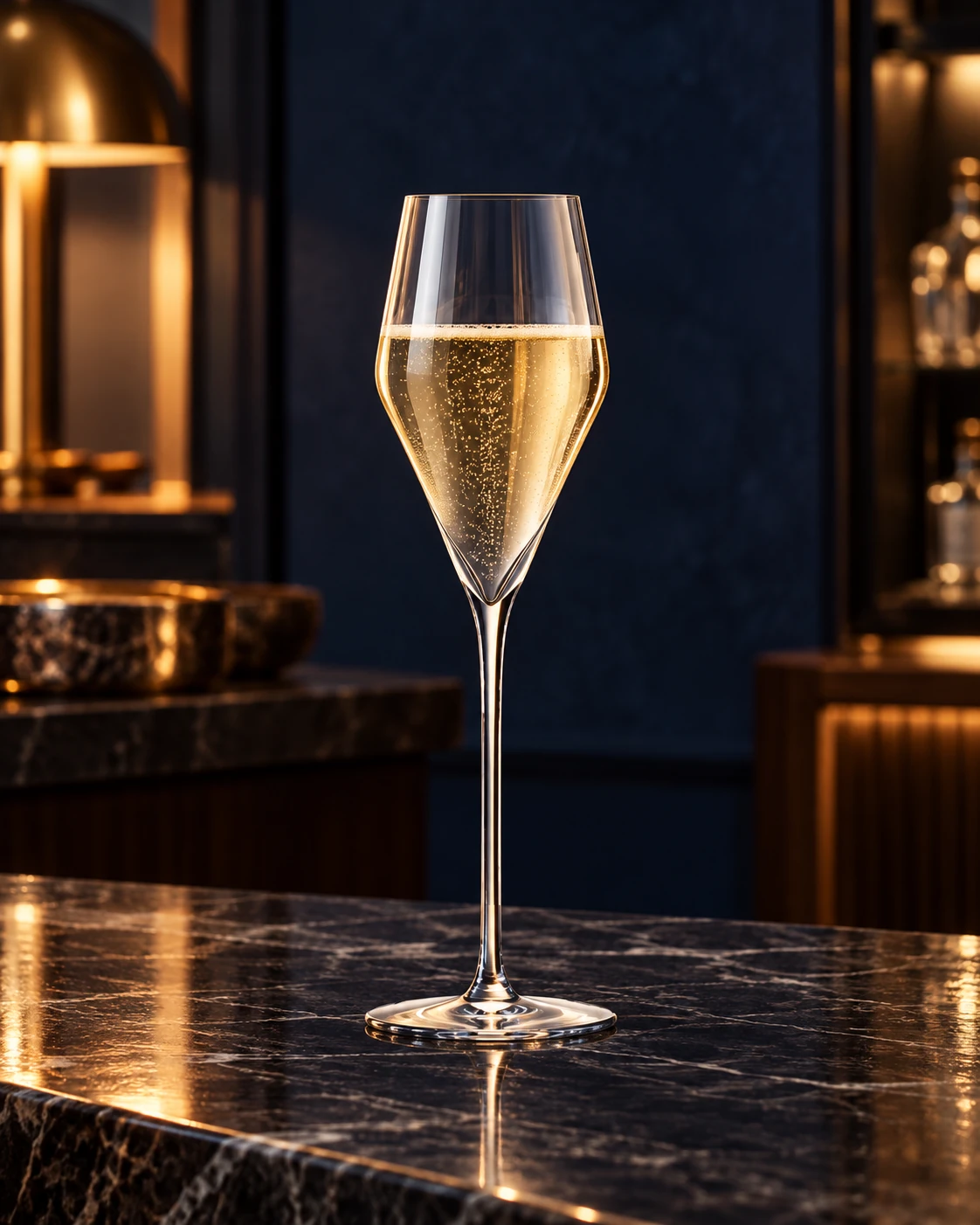 Slender champagne flute in Bar counter