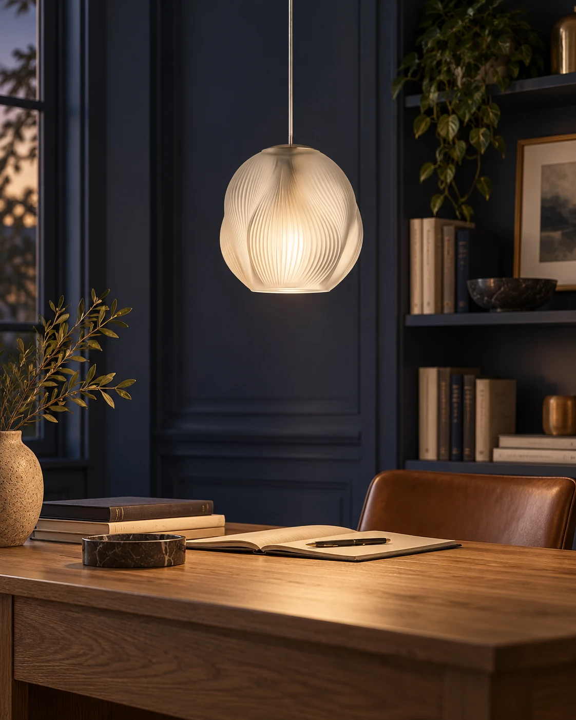 Spiral globe pendant glass in Writing room
