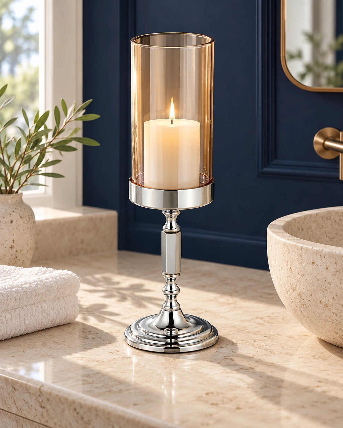Stemmed hurricane candle holder in Bathroom vanity