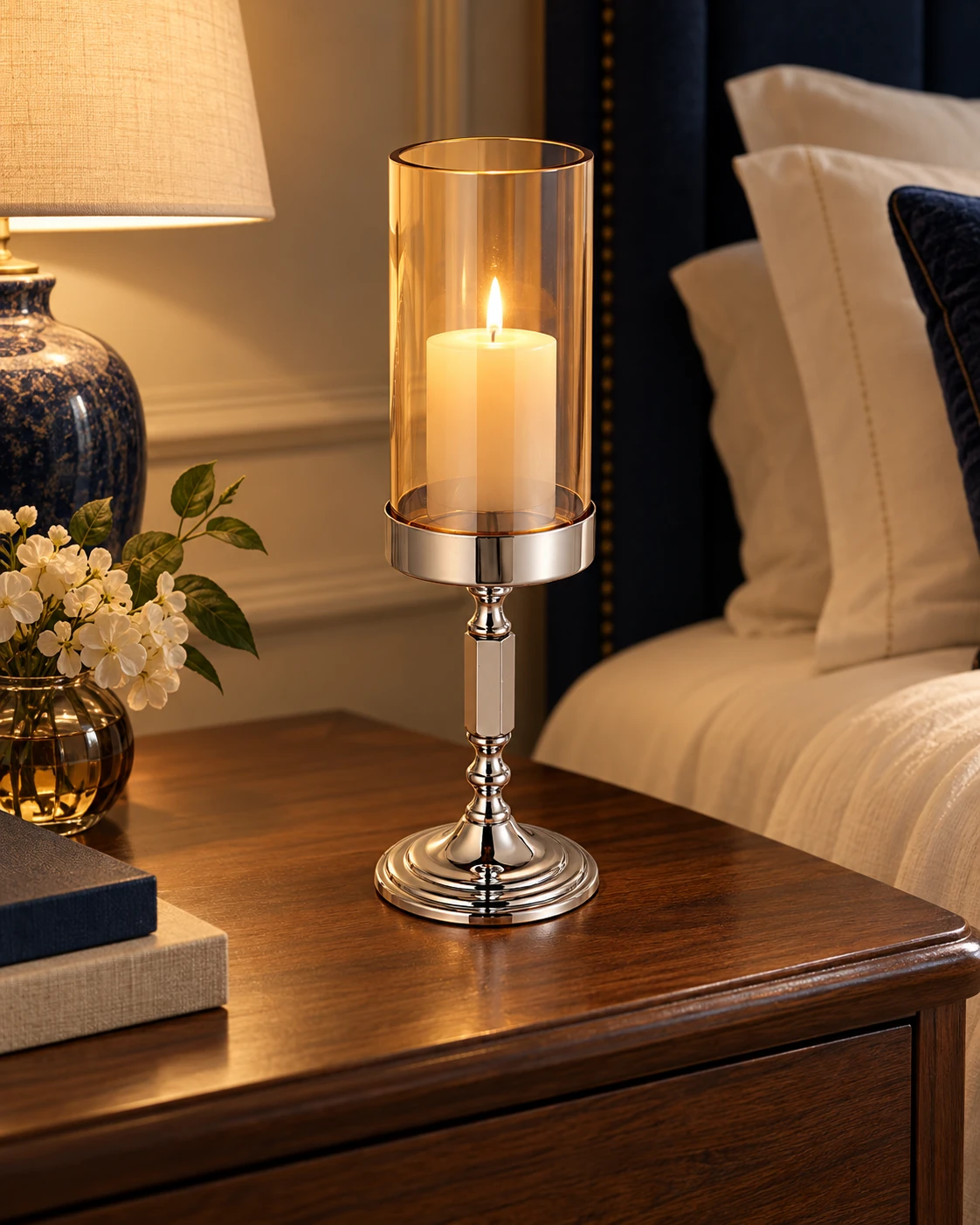Stemmed hurricane candle holder in Bedroom
