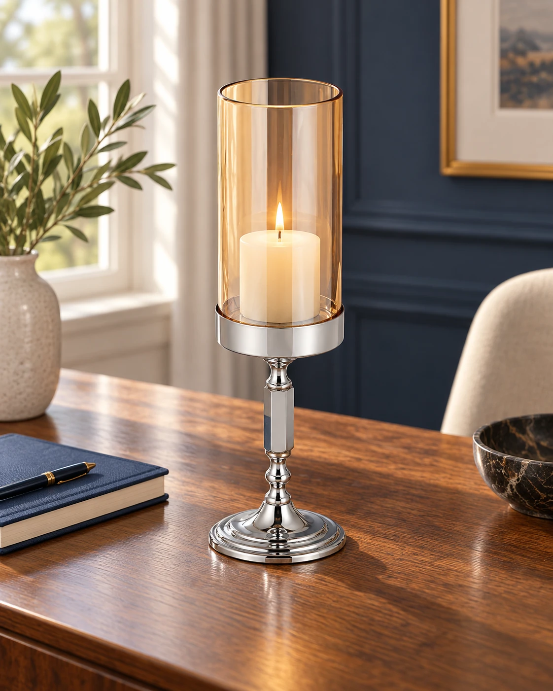 Stemmed hurricane candle holder in Writing desk