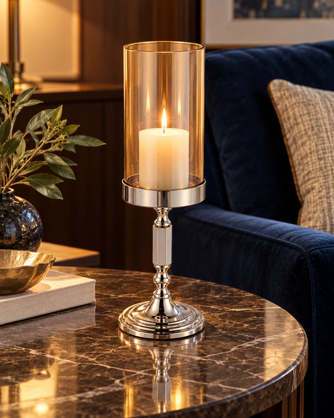 Stemmed hurricane candle holder in Hotel lounge