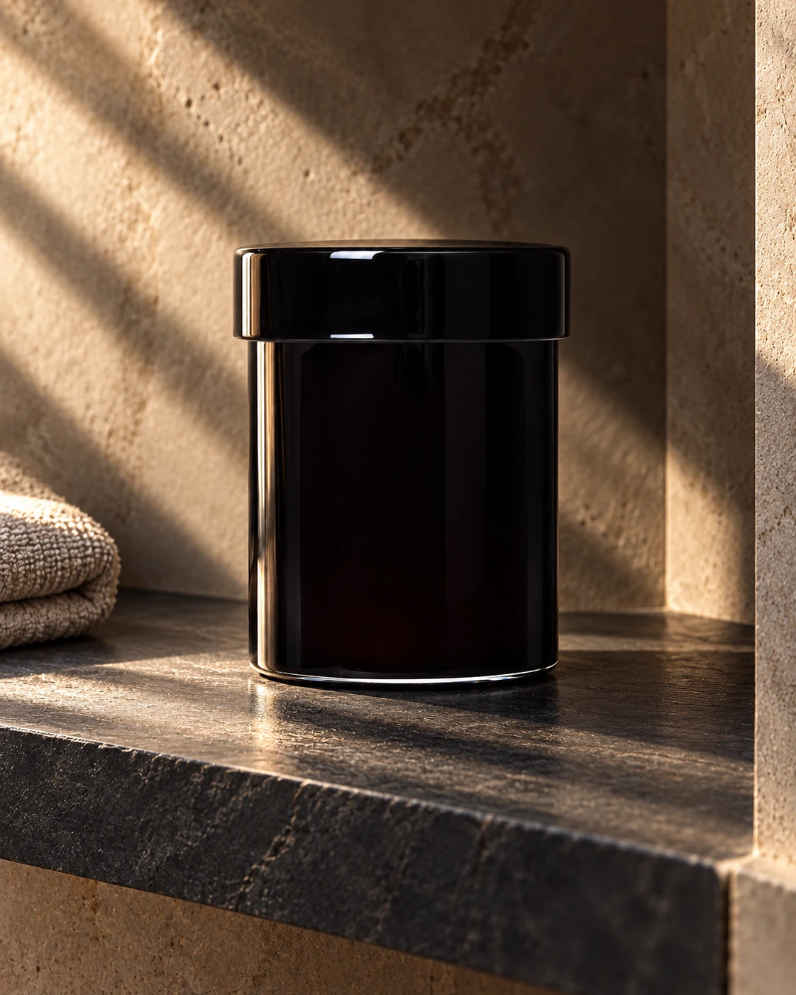 Black lidded vessel in Spa alcove