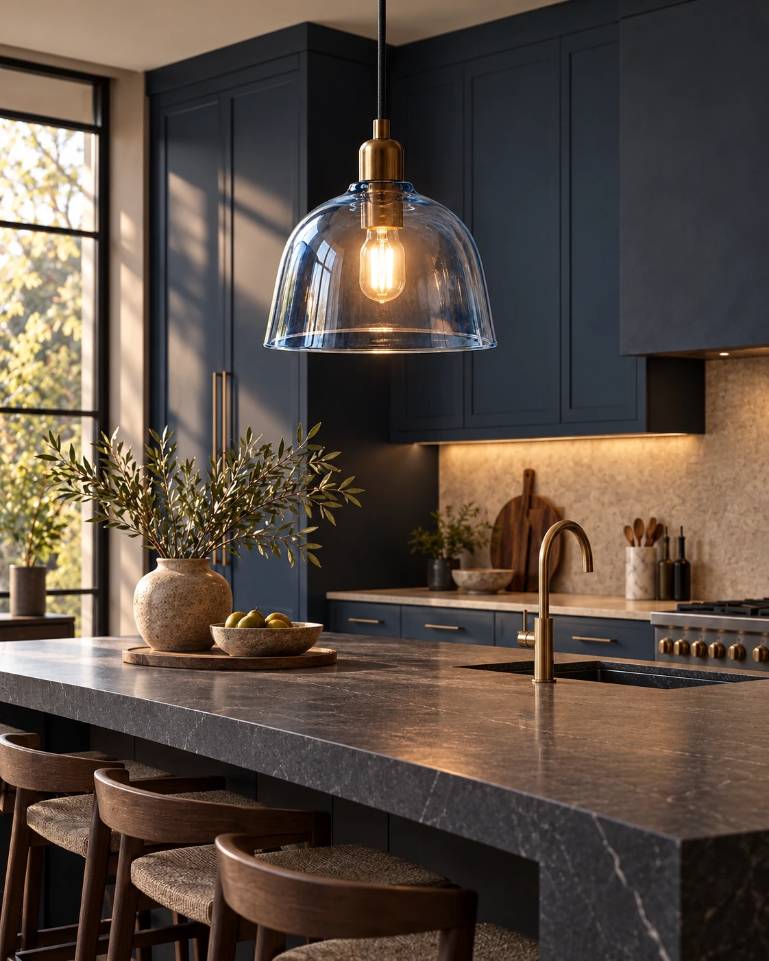 Blue dome shade in Kitchen island