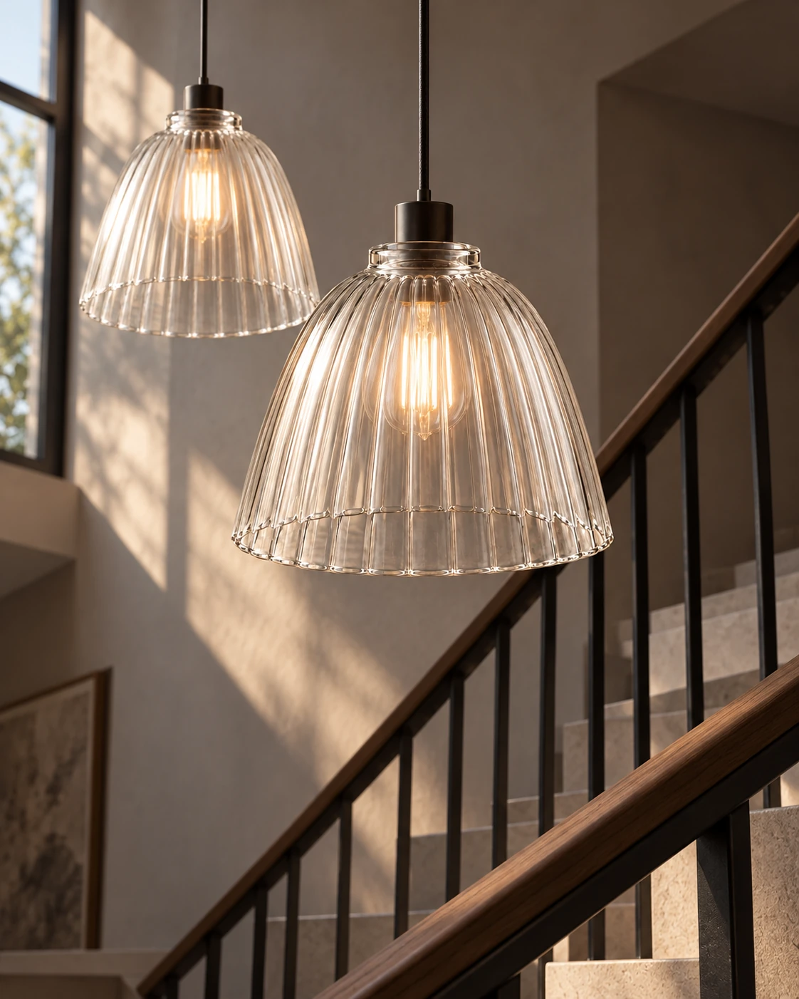 Fluted bell shade in Stairwell installation
