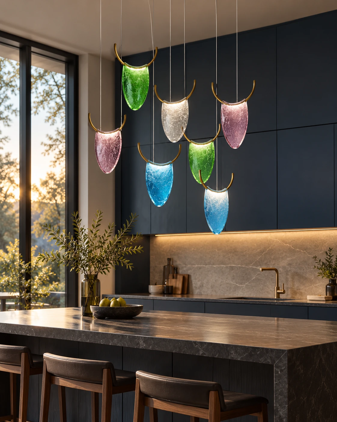 Glass leaf lighting in Kitchen island